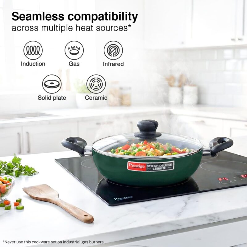 Prestige Omega Granite Non-Stick 3 Pc Cookware Set with Glass Lid | 5-Layer Coating | Gas & Induction Compatible | Omni Tawa 25cm | Fry Pan 24cm | Kadai 24cm | Moss Green | 2Y Warranty |ISI Certified - Image 4