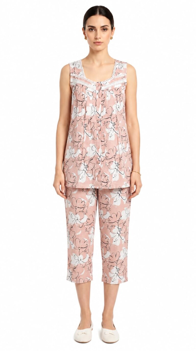 Evolove & Venus Pure Dobby Fabric Night Suit Set for Women | Printed Short Sleeve Sleep Top & Capri Pajama Set | Comfortable Nightwear Loungewear & Sleepwear Set | Light Grey Medium