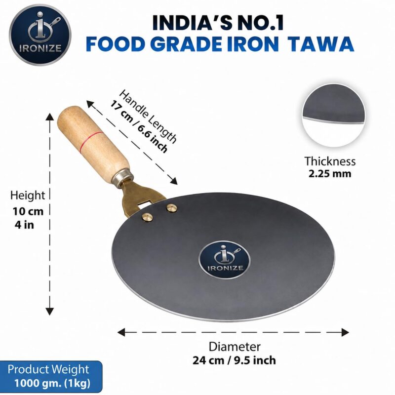 IRONIZE Pure Iron Roti Tawa with Wooden Handle| 1kg | Heavy Duty Chemical-Free Iron Cookware | Even Heat Distribution | Ideal for Roti, Chapati, Paratha, Dosa & Omelette | Available in 1kg to 2kg - Image 3