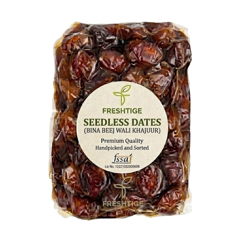 Freshtige Premium Seedless Dates (Vacuum Packed) | Pitted Black Khajur | 100% Natural & Fat-Free | Handpicked Soft Dates (1000 Grams (1kg))