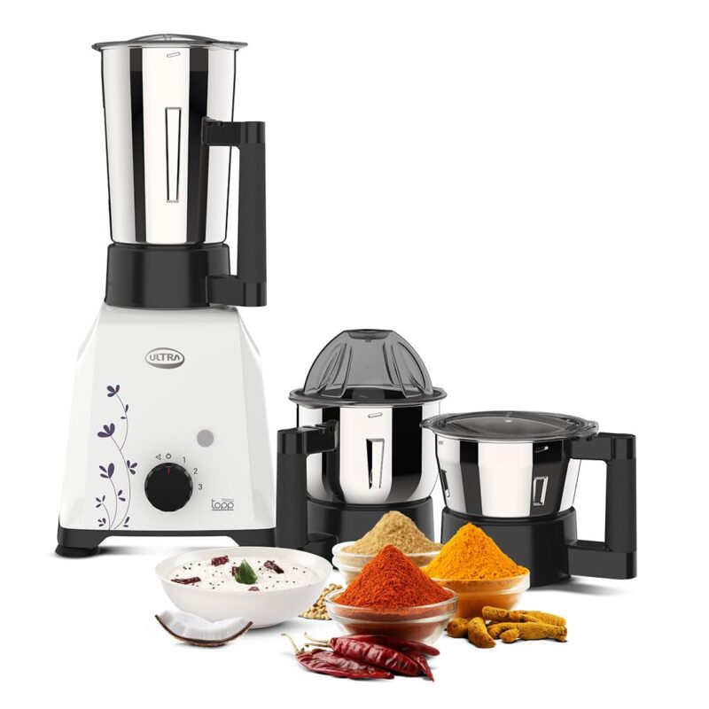 UltraToppMixergrinderfor Superfastgrinding,High Speed,750 Watts,SafetyLocksystem, AISI 304Food GradeStainlessSteelJars,3Jars ABS Body,SerratedbladesCylindricalJars,5YearWarrantyonMotors.(White).