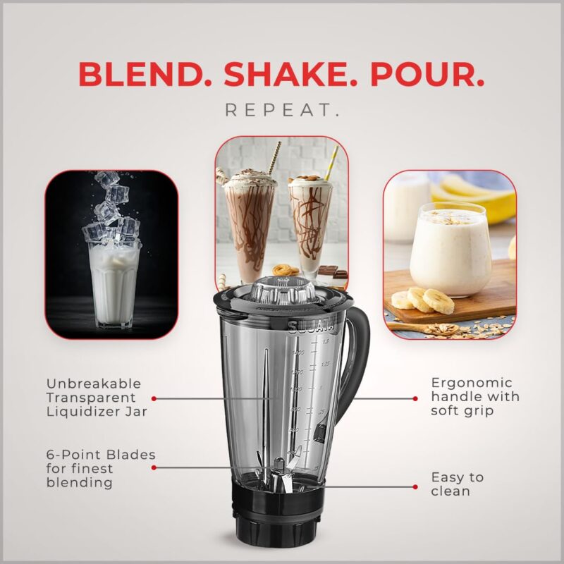 Sujata Supermix Mixer Grinder | 900 Watts Double Ball Bearing Motor | 22000 RPM | Non-Stop 90 Mins Running | 3 Jars including 1750ml Blender, 1000ml Grinder, 500ml Chutney Jar | Black - Image 4