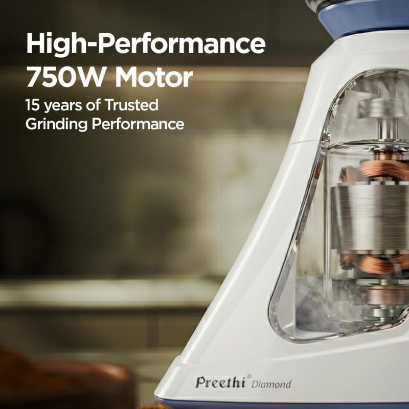 Preethi Blue Leaf Diamond Mixer Grinder, 750 Watt 3 Jars + Flexi Lid, White - Image 2