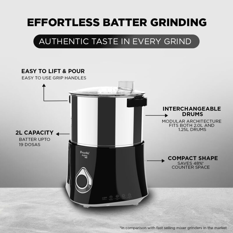 Preethi Stainless Steel Astra Expert Table Top Wet Grinder With Food Processor, 2 Liter (Black) 150 Watt - Image 4