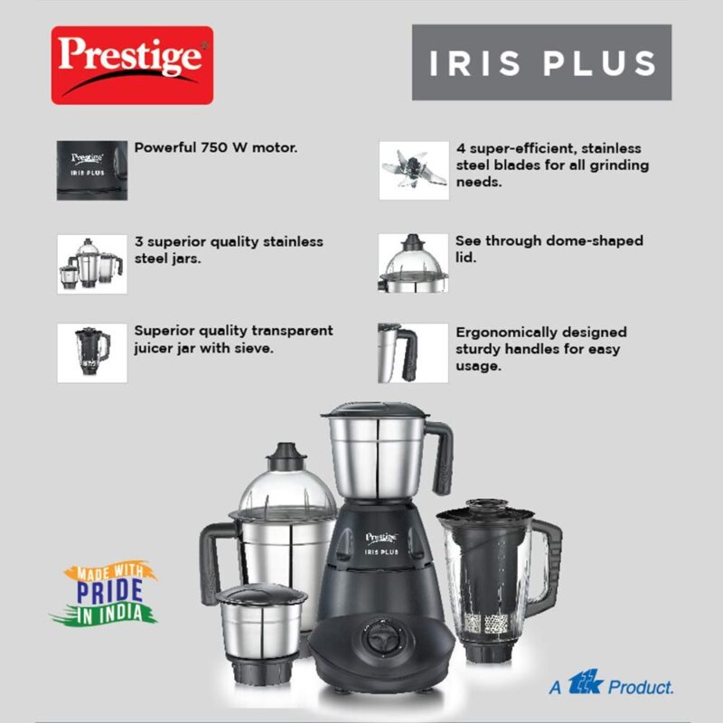 Prestige Iris 750 Watt Mixer Grinder with 4 Jars (3 Stainless Steel + 1 Juicer) | Super Efficient SS Blades | Black | 2Y Warranty | ISI Certified - Image 4