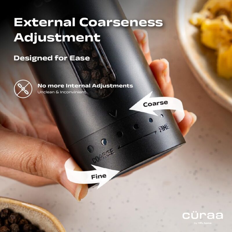 CÜRAA Electric Pepper Grinder with Adjustable Coarseness for Precision Seasoning | Rechargeable, One-Hand Operation | Automatic Pepper Mill for Kitchen | By Chef Sanjyot Keer - Image 4