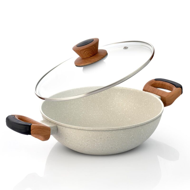 BERGNER Ivory Granite Non-Stick 24cm (2.5L) Kadai with Glass Lid, 3-Layer Marble Healthy Coating, Rivetless Soft Touch Handles, PFOA Free, Less Oil, Forged Aluminium - Induction and Gas Stove Ready