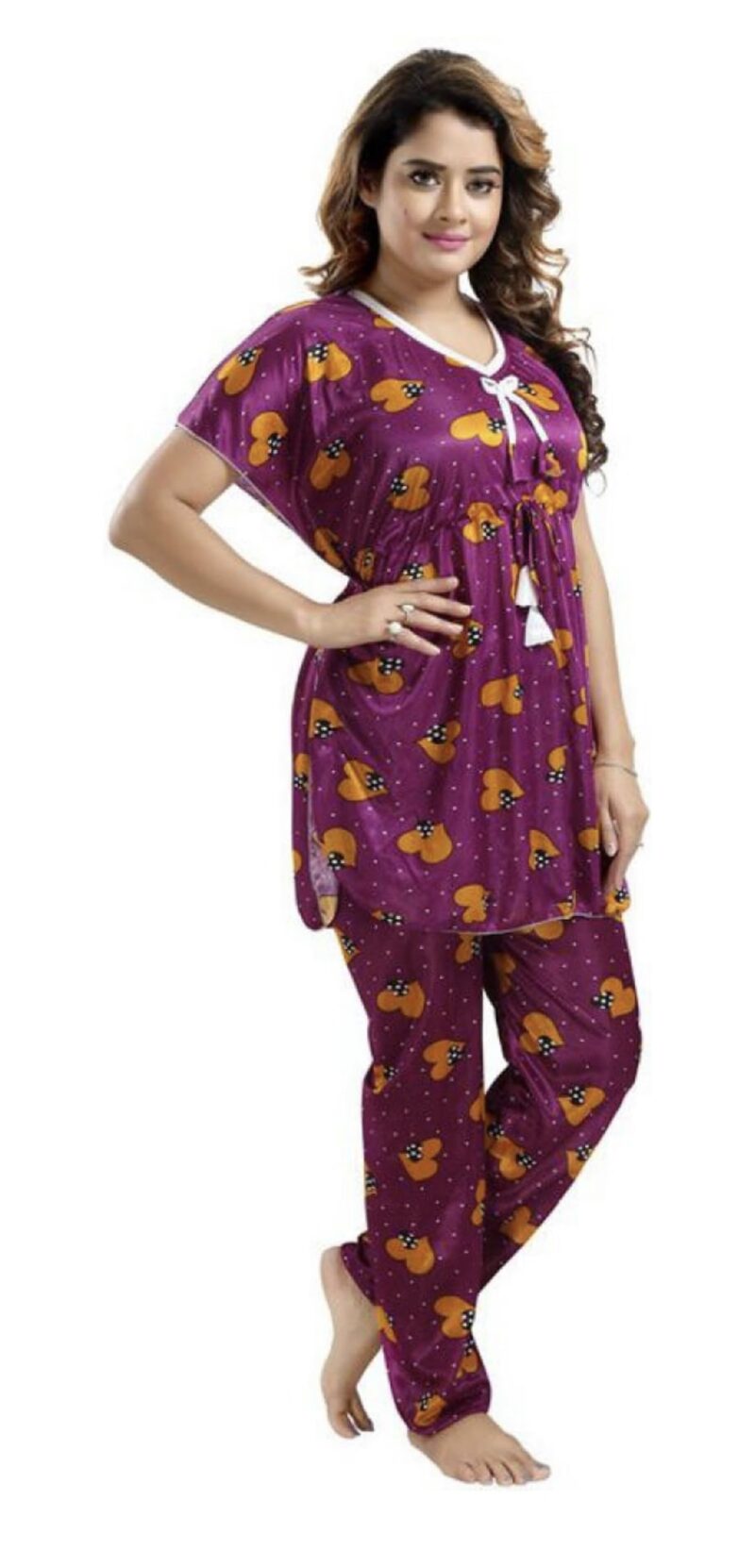 YAZIA Satin Kaftan Night Suit for Women - Kaftan Nighty - Printed Satin Night Suit Set for Women (Free Size, Wine) - Image 3