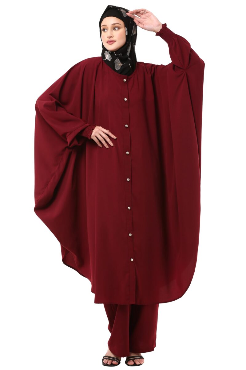 BT - Being Traditional Modest Co-Ord Set for Women - Loose Fit Front Open Free Size Kaftan Top with Trouser (Top: Free Size | Trouser: Large, Maroon)