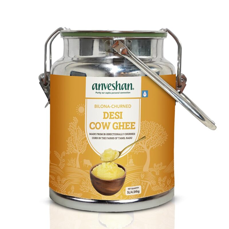 Anveshan A2 Ghee (5L Stainless Steel Dolchi) | Traditional Bilona Method | Curd- Churned | Cultured | Pure and Nutural | Lab Tested | Free-grazed, Grass-fed Desi Cows