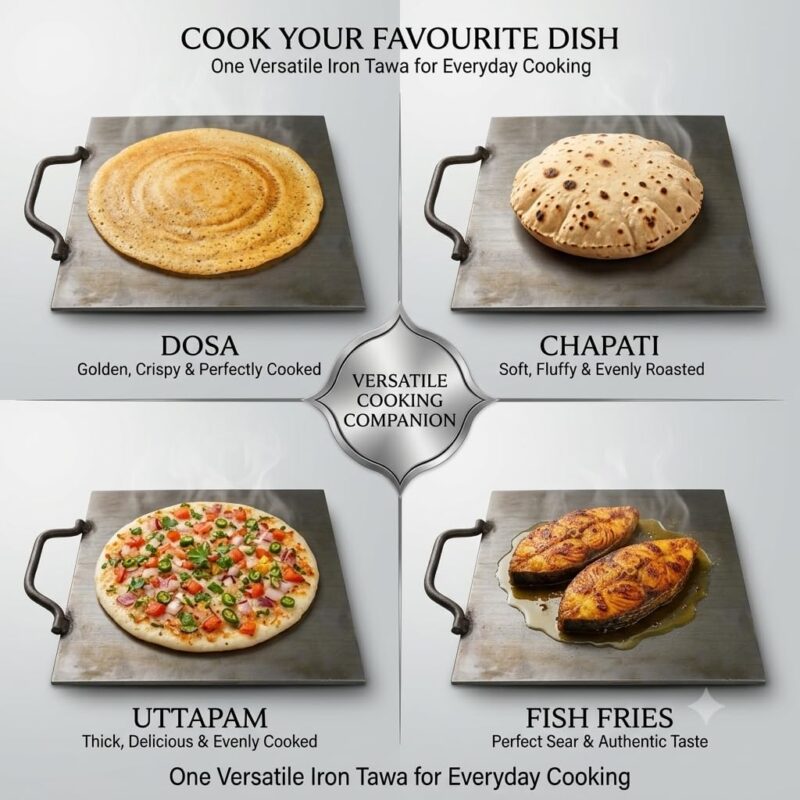 PRINA E-SHOP Iron Dosa Tawa with Free Spatula, Flat Square Kallu with Handle, Heavy Duty Tava for Crispy Dosas, Roti & Uttapam, Gas & Induction Compatible - 12 inch (Black) - Image 7