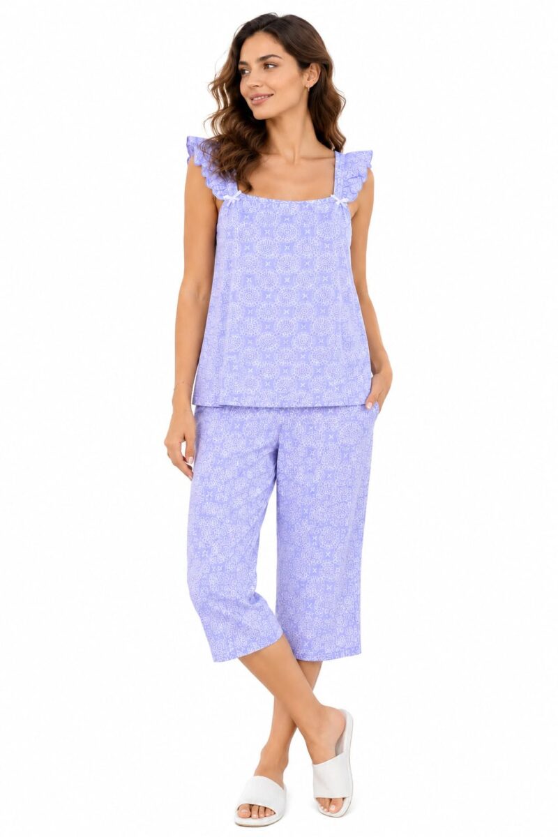 Evolove & Venus Pure Double Cloth Night Suit Set for Women | Printed Short Sleeve Sleep Top & Capri Pajama Set | Comfortable Nightwear Loungewear & Sleepwear Set | Purple Medium