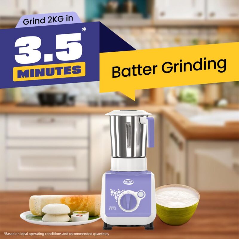 ULTRA Stealth neo MixerGrinder,750W,AISI304 Food Grade SS Jars &Blades,Serrated Stainless Steel Blades,Lesser noise,ABS Body,3Jars Small (0.5L),Medium (0.8L), Large(1.5L), 5Year Motor Warranty - Image 2