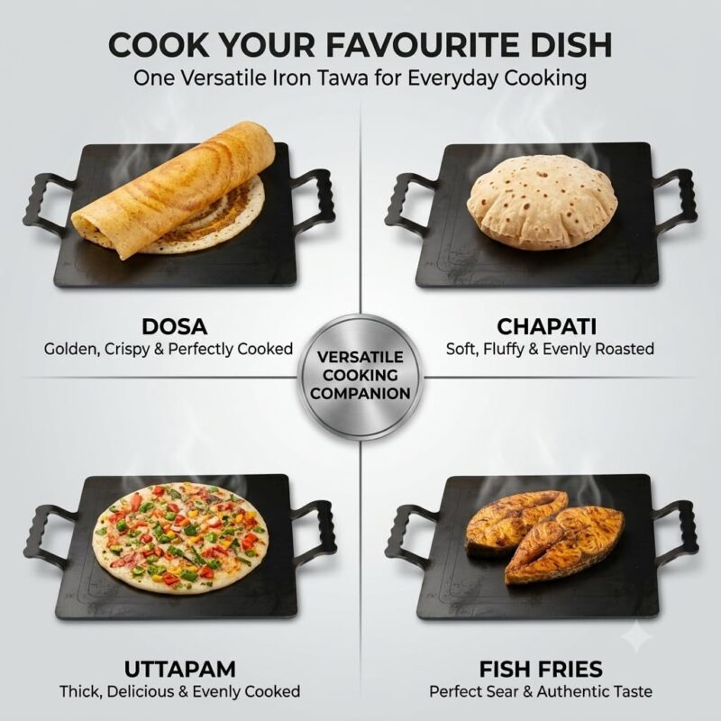 PRINA E-SHOP Iron Dosa Tawa with Free Spatula, No Chemical Coating, Flat Square Pan with Handle, Big Heavy Duty Tawa for Dosas, Roti, Chapati & Pathiri - 12 Inch (Black) - Image 5
