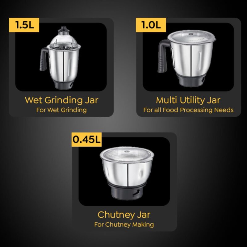 Prestige Endura 1000W Mixer Grinder with Ball Bearing Technology|Stainless Steel 3 Jars with Flow breakers|Overload protection|Black & Silver - Image 5