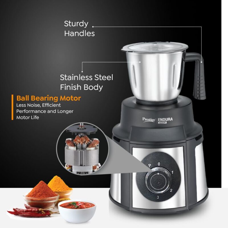 Prestige Endura 1000W Mixer Grinder with Ball Bearing Technology|Stainless Steel 3 Jars with Flow breakers|Overload protection|Black & Silver - Image 3