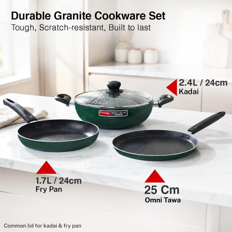 Prestige Omega Granite Non-Stick 3 Pc Cookware Set with Glass Lid | 5-Layer Coating | Gas & Induction Compatible | Omni Tawa 25cm | Fry Pan 24cm | Kadai 24cm | Moss Green | 2Y Warranty |ISI Certified - Image 3