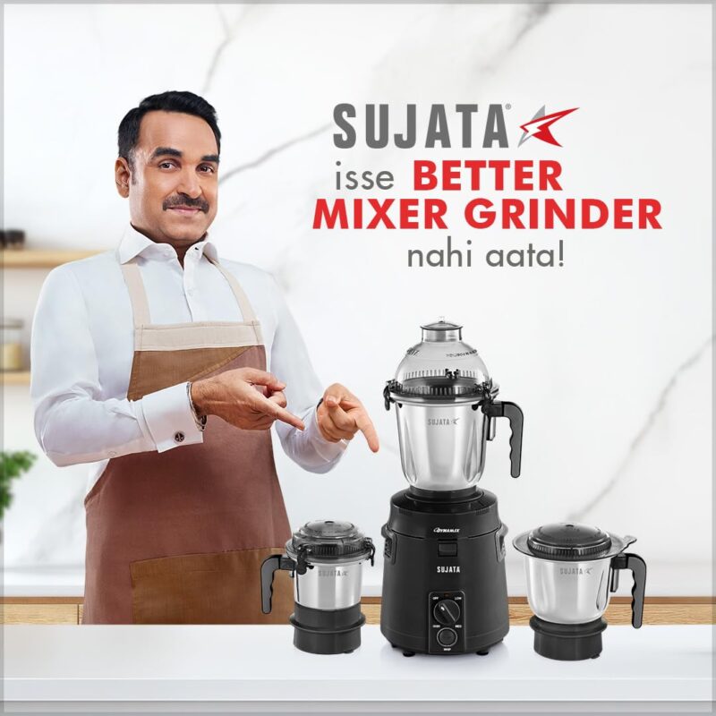 Sujata Dynamix Mixer Grinder|900 Watts Double Ball Bearing Motor|22000 RPM|Non-Stop 90 Mins Running|3 Food Grade Steel Jars - 1500ml Multipurpose, 1000ml Grinder, 500ml Chutney Jar|Black - Image 7