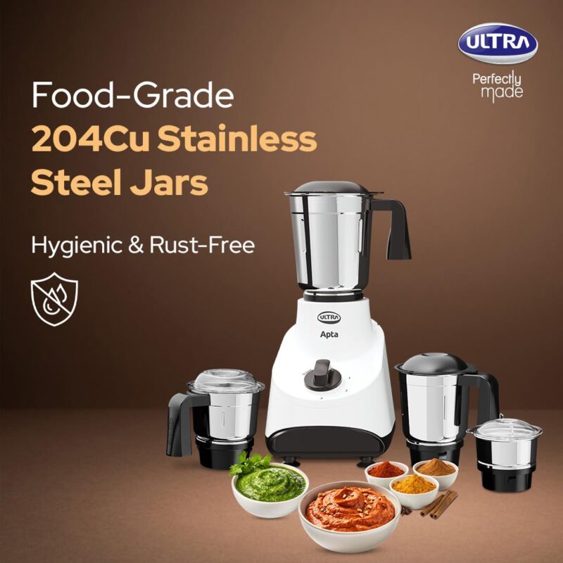 Ultra Apta Mixer Grinder - Double Ball-Bearing Motor 550W, 4 SS Jars -White - Image 4