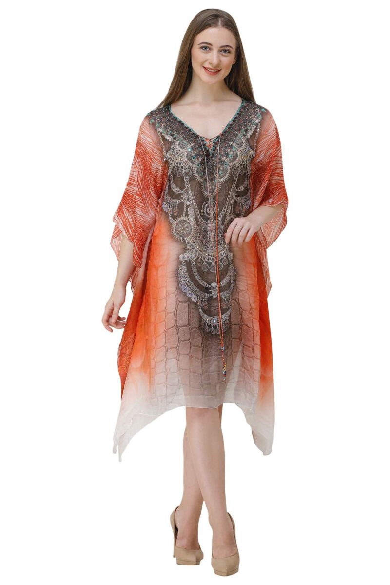 CURVSHAPE Short Orange Digital Printed Colorful Kaftans | Crepe Kaftan | Vacation Wear | Beach Wear | Coverups | Kaftan Dress | for Women | Free Size [M-3XL] - Image 3