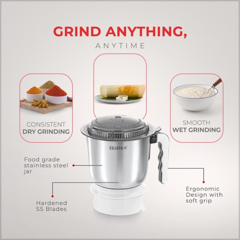 Sujata Multimix Juicer Mixer Grinder|900 Watts Double Ball Bearing Motor|22000 RPM|Non-Stop 90 Mins Running|3 Jars including 1750ml Blender with Coconut Milk Extractor,1000ml, 500ml Jar| (White) - Image 6