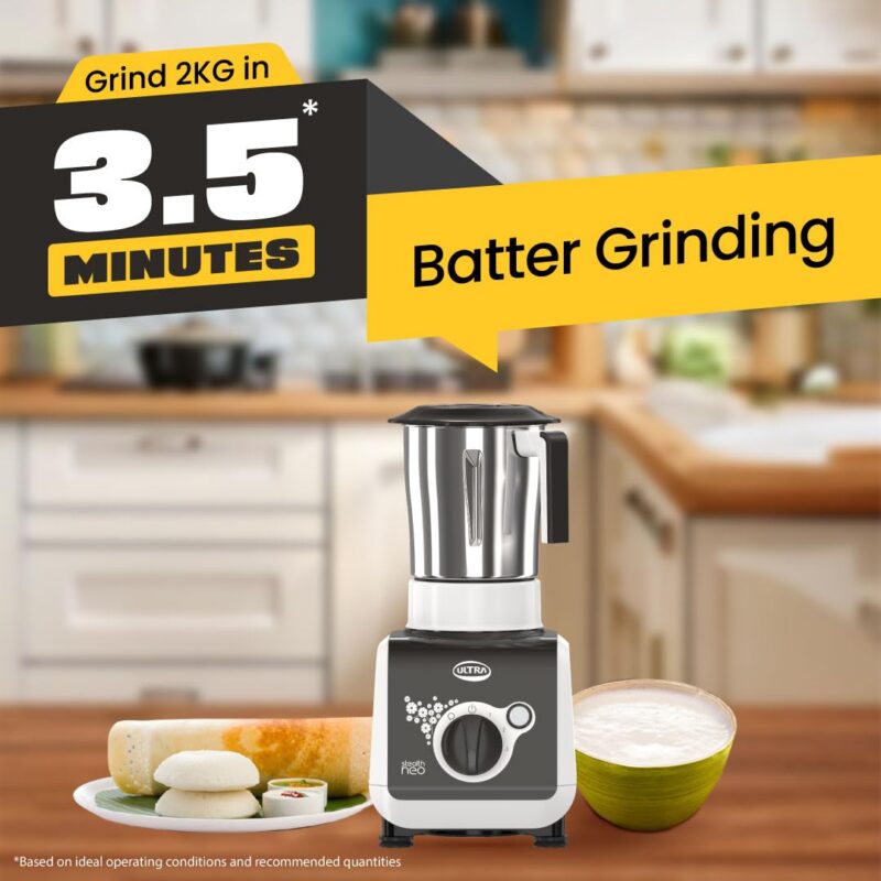 ULTRA Stealth neo MixerGrinder,750W,AISI304 Food Grade SS Jars &Blades,Serrated Stainless Steel Blades,Lesser noise,ABS Body,3Jars Small (0.5L),Medium (0.8L), Large(1.5L), 5Year Motor Warranty - Image 2