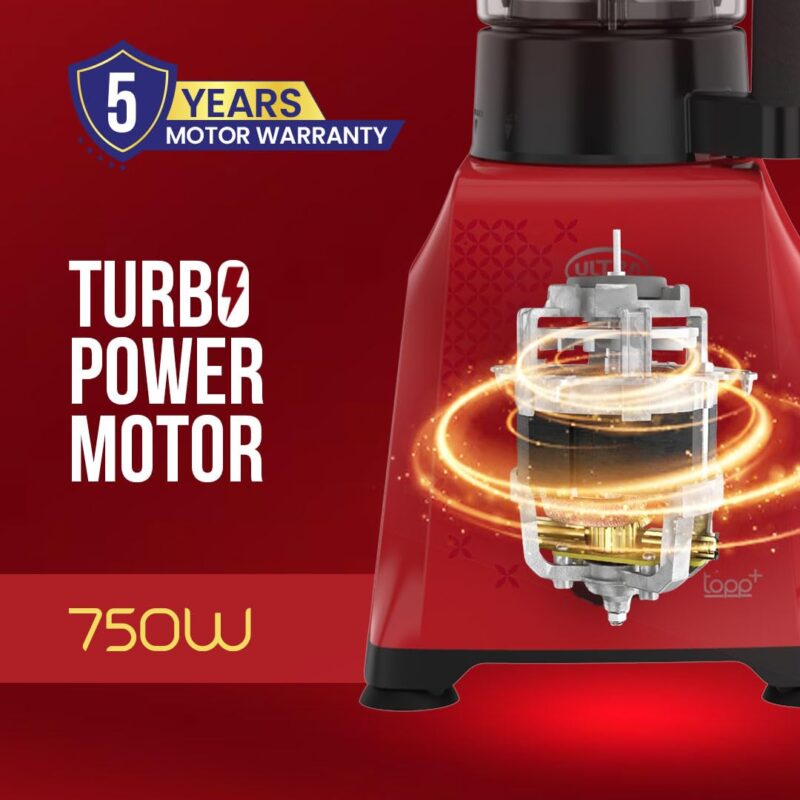 Ultra Topp+ Liquidizer Mixer Grinder - Candy Red | Fast and Heavy-Duty Grinding - 750W Motor with 5 Years Warranty | AISI 304 Food-Grade 4 SS Jar - ABS Body, Liquidizer with Filter 1.2L - Image 3