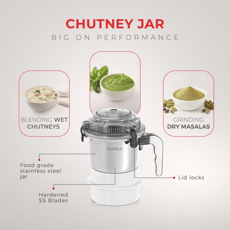Sujata Dynamix 900 Watts Mixer Grinder | 22000 Rotations Per Min | 90 Minutes Continuous Running | 3 Versatile Jars 1500 ml, 1000 ml and 500 ml (White) - Image 6