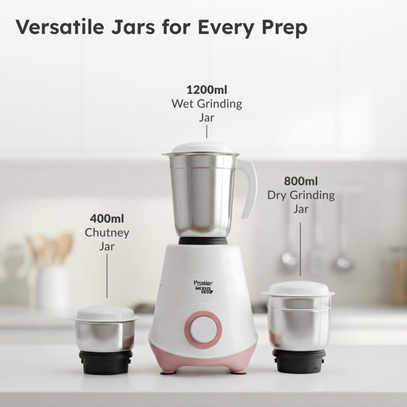 Prestige 500W Nexus Mixer Grinder with 3 Stainless Steel jars|1200ml Wet Jar,800ml dry jar, 400ml chutney jar|3 Super-efficient Blades|3 motor setting|Sturdy Handles |2 Yrs Warranty|White & Rose Gold - Image 3