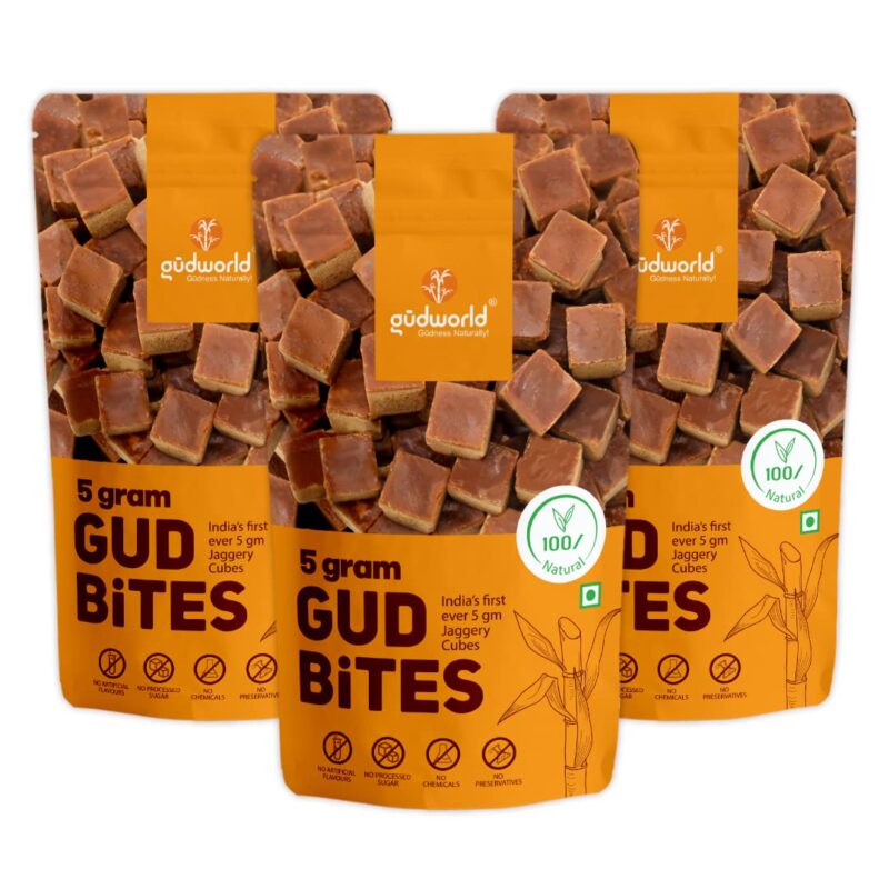 Gudworld Jaggery Cubes I 5 Gram Gud Bites I 750 gm (Pack of 3 x 250 gm) I Bite Size Small Sugarcane Jaggery Cubes I Gud I Healthy Sugar Alternative I 100% Natural I No added Chemicals I No added color I
