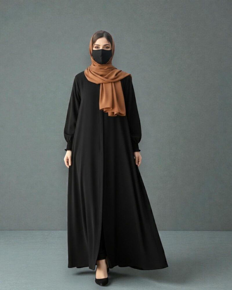 Bashariya Front Open Zipper Abaya for Women in Firdaus Fabric | Smocking Sleeves | Modest Islamic Dress with Belt & Matching Hijab | Elegant Free Size Kaftan Style Abaya-(BLACK-XL) - Image 4