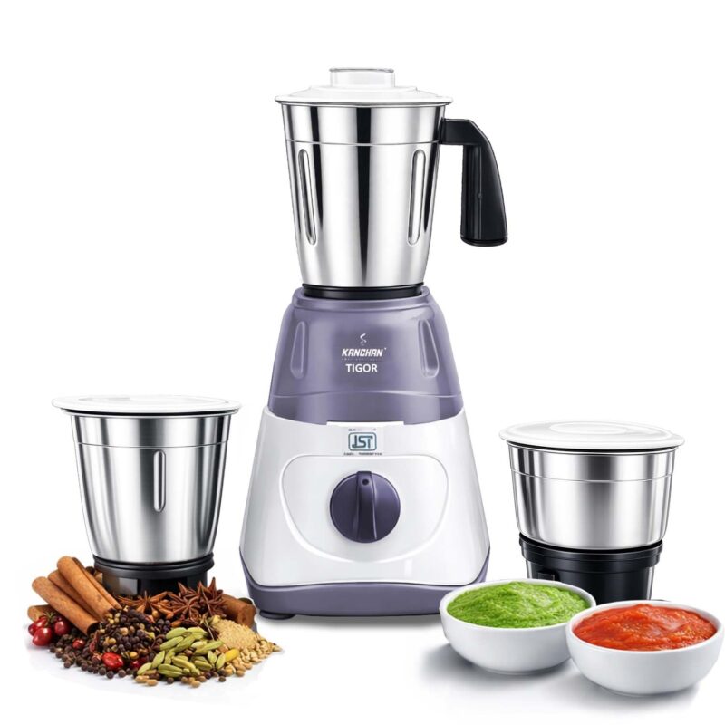 Kanchan Mixer Grinder 500 Watt with 3 Stainless Steel Jars (1.5 L Wet, 1 L Dry & Wet, 400ml Chutney Jar), Powerful Motor with Overload Safety, Adjustable Speed Control -2 Year Warranty (Tigor)