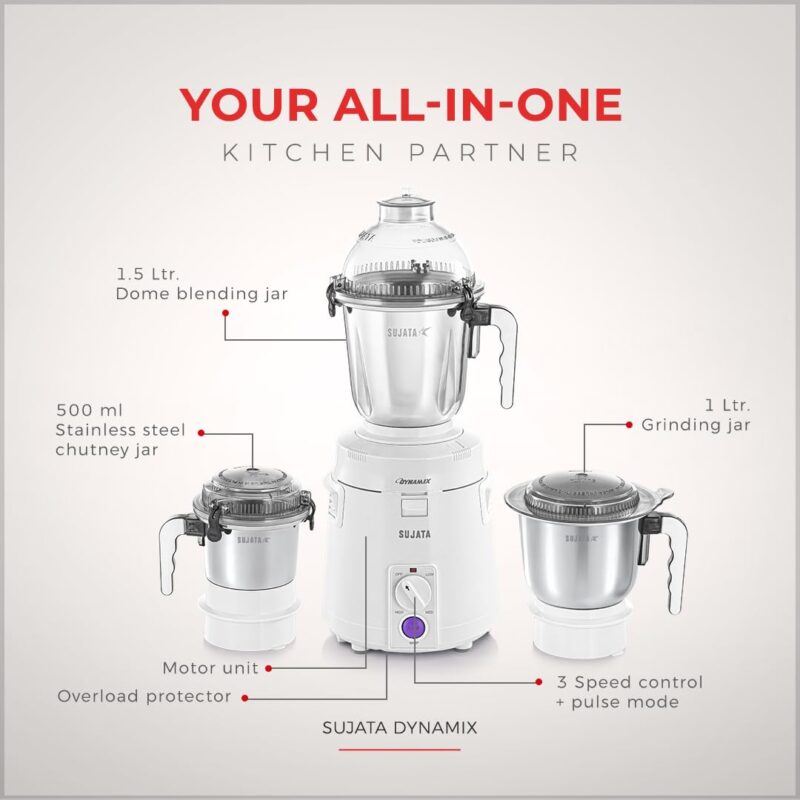 Sujata Dynamix 900 Watts Mixer Grinder | 22000 Rotations Per Min | 90 Minutes Continuous Running | 3 Versatile Jars 1500 ml, 1000 ml and 500 ml (White) - Image 2