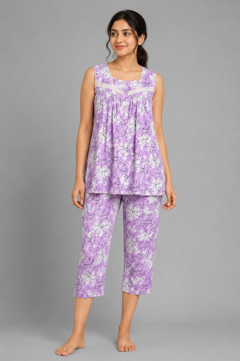 Evolove & Venus Pure Dobby Fabric Night Suit Set for Women | Printed Short Sleeve Sleep Top & Capri Pajama Set | Comfortable Nightwear Loungewear & Sleepwear Set | Purple Large - Image 3