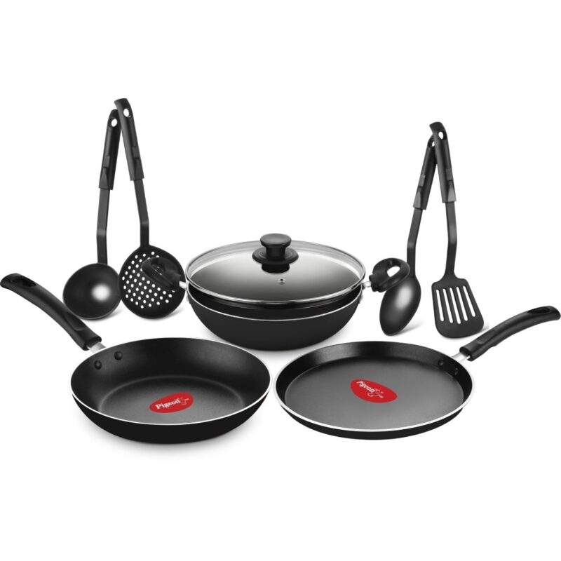 Pigeon Mio Nonstick Aluminum Cookware Gift Set, Includes Flat Tawa, Fry Pan, Kadai with Glass Lid, Kitchen Tool Set, Black, 8 Pieces