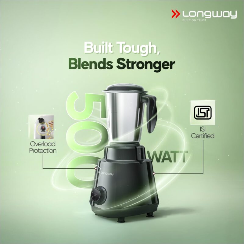 Longway Super Pro Mixer Grinder | 500 Watt Powerful Motor for Grinding, Mixing, Juicing | 2 Years Warranty (Black & Gray) - Image 3