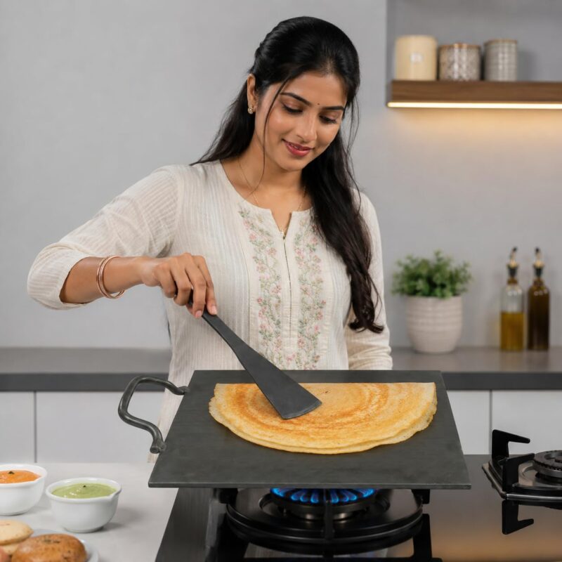 PRINA E-SHOP Iron Dosa Tawa with Free Spatula, Flat Square Kallu with Handle, Heavy Duty Tava for Crispy Dosas, Roti & Uttapam, Gas & Induction Compatible - 12 inch (Black) - Image 2