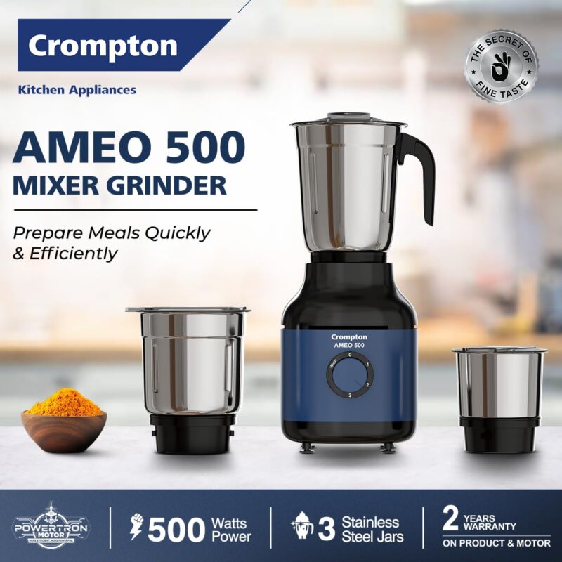 Crompton Ameo 500W Mixer Grinder with Powertron Motor & Motor Vent-X Technology, Robust design (3 Stainless Steel Jars, Blue and Black) - Image 3