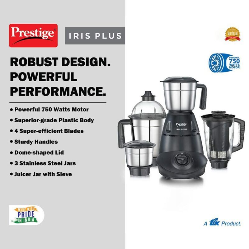 Prestige Iris 750 Watt Mixer Grinder with 4 Jars (3 Stainless Steel + 1 Juicer) | Super Efficient SS Blades | Black | 2Y Warranty | ISI Certified - Image 6