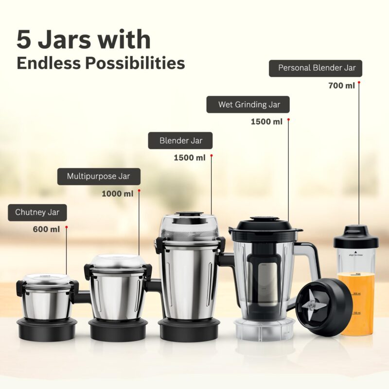 Bosch TrueMixx Pro 1100W Mixer Grinder | German Engineering for Precision Grinding | 5 Jars including Blend & Carry Jar | Hands-Free Operation with Lid Locks | 5 Year Motor Warranty 【MG8915A1KI】 - Image 6