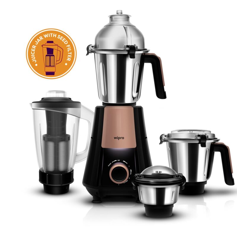 Wipro Elato Divine FMG 215 800 Watt Mixer Grinder with 4 Jars,Heavy Duty 100% Copper Ball Bearing Motor with 5 Year Warranty,Superfast Grinding,Clip Lids - Hands Free use, 4 Jars Mixer Grinder,Black - Image 2