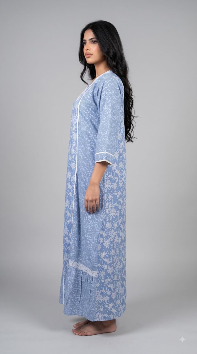 Evolove Farasha Kaftan Jalabiya Style Cotton Maxi Nighty for Women | V-Neck with Lace Trim | 3/4 Sleeves Full Length Nightdress, Sky Blue, L - Image 3