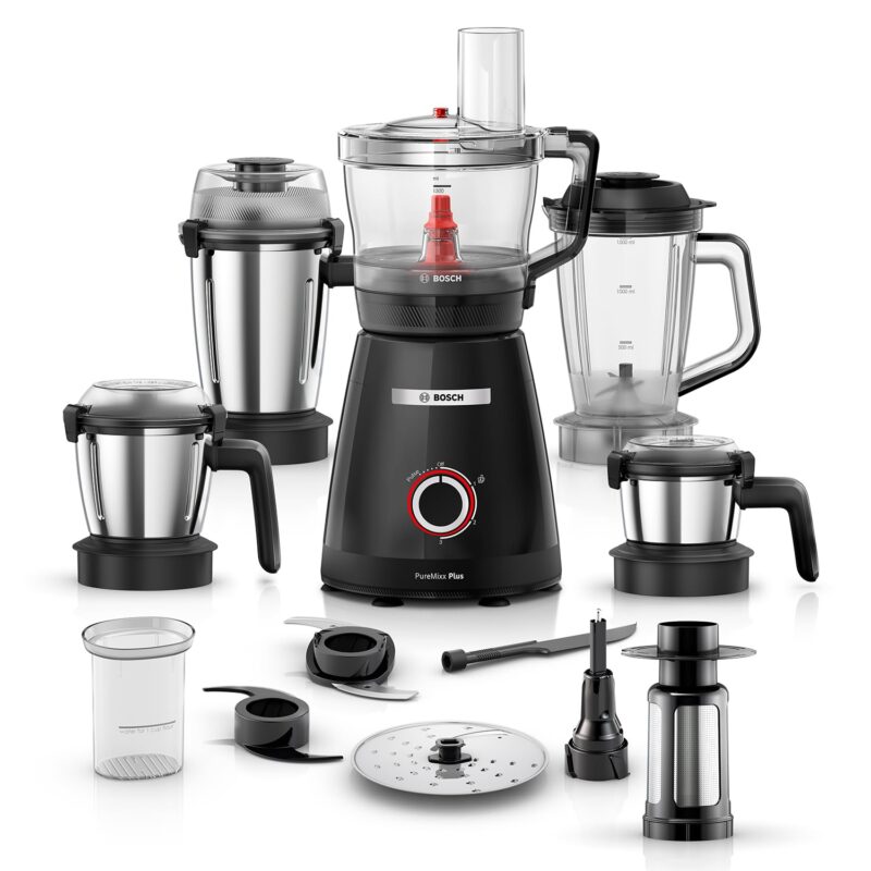 Bosch PureMixx Plus 800W Mixer Grinder & Food Processor with 5 Jars, 40+ Functions, Atta Kneading, Chopping, Slicing, Coarse Grinding, Hands-Free Operation, 7-Year Motor Warranty, Black