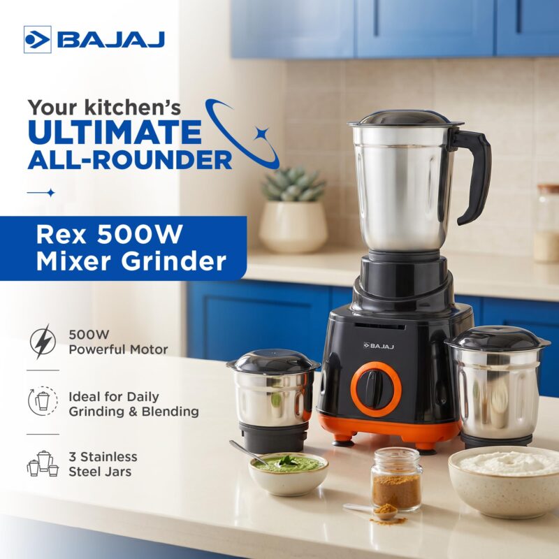 Bajaj Rex 500W Mixer Grinder | 3 Stainless Steel Jars with Multifunctional Blades | Nutri-Pro Feature for Efficient Grinding & Blending | Adjustable Speed Control | 1 Year Warranty | Black & Orange - Image 3