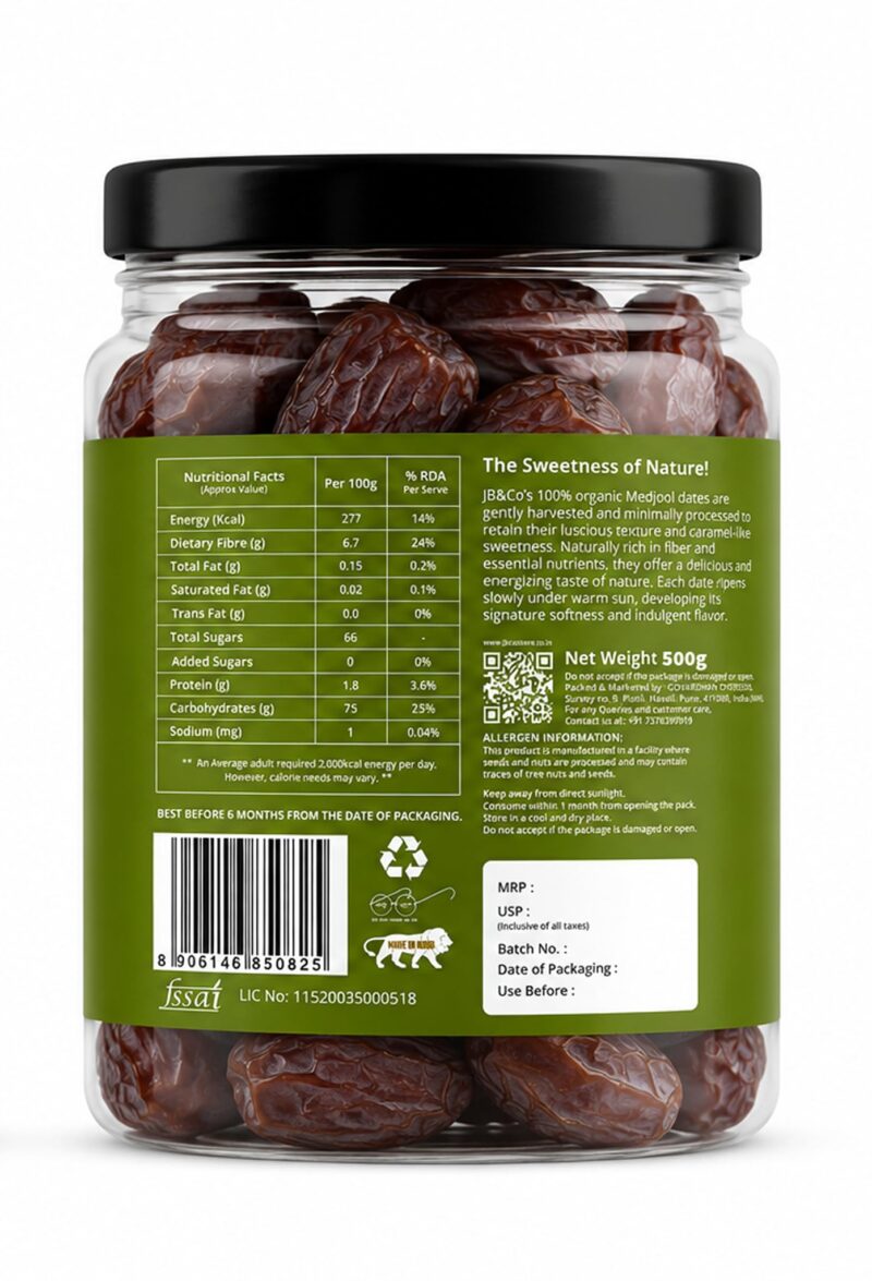 JB&CO - Medjoul Dates - 500g Premium International King Medjoul Khajoor, No Added Sugar, No Preservatives, Plump and Juicy,100% Natural and Vegan, Jar of 500g - Image 2