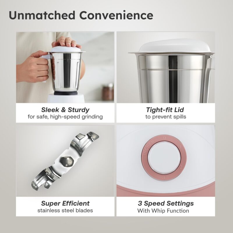 Prestige 500W Nexus Mixer Grinder with 3 Stainless Steel jars|1200ml Wet Jar,800ml dry jar, 400ml chutney jar|3 Super-efficient Blades|3 motor setting|Sturdy Handles |2 Yrs Warranty|White & Rose Gold - Image 6