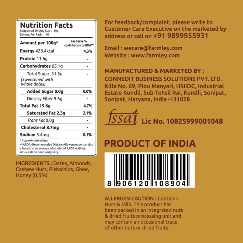 Farmley Date Bites, Dates Barfi Made with Dates, Pista, Cashews, Almonds, Honey and Pure Ghee, Dry Fruits Nuts, Healthy Snacks, Healthy Sweets, Gluten Free, No Refined Sugar, 200g (10 Pieces) - Image 3