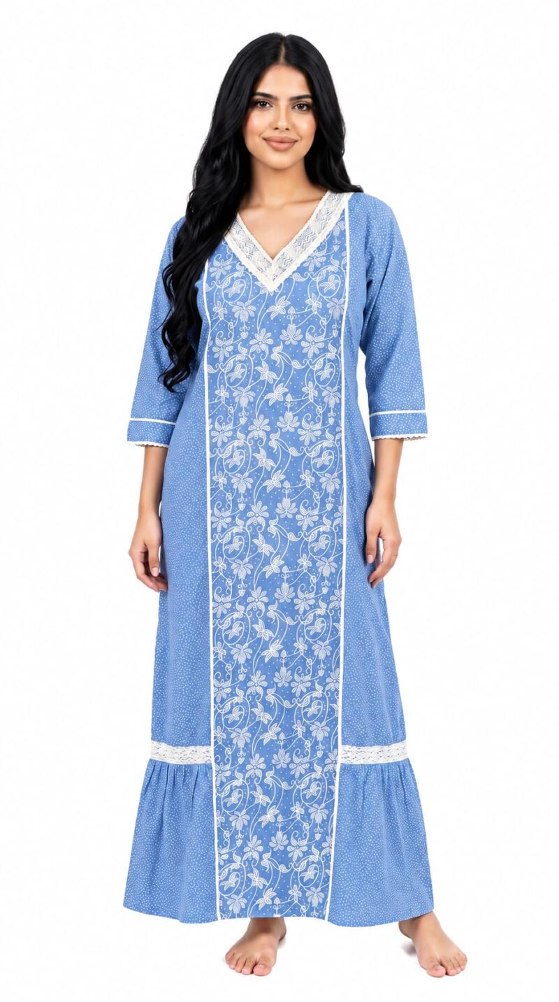 Evolove Farasha Kaftan Jalabiya Style Cotton Maxi Nighty for Women | V-Neck with Lace Trim | 3/4 Sleeves Full Length Nightdress, Sky Blue, XL