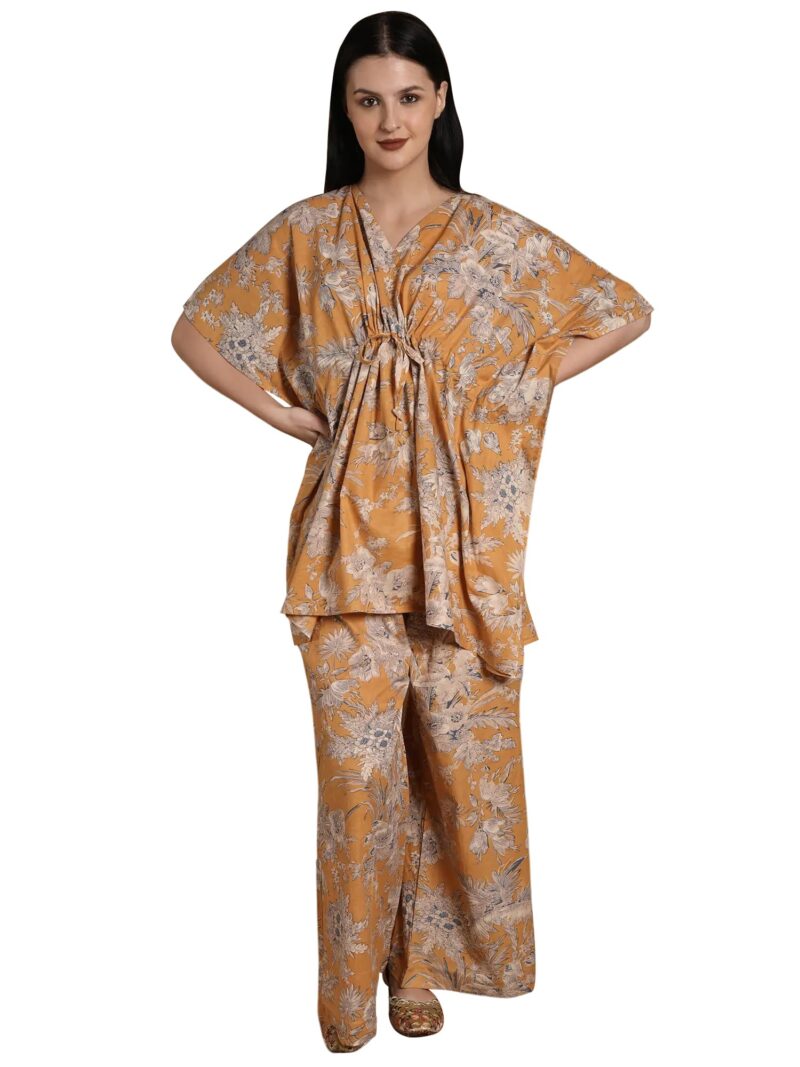 Exotic India Honey-Yellow Pure Cotton Kaftan Style Co-Ord Set with Floral Print for Women, Honey-yellow, Free Size