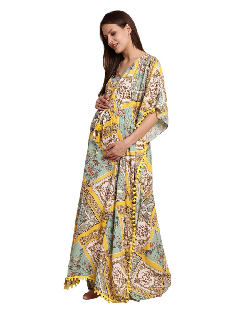 Secret Wish Yellow & Purple Printed Maternity Kaftan (Multi-Color Pack of 2) Free Size/Feeding/Nursing/Zipper/Drawstring/Full Length - Image 4